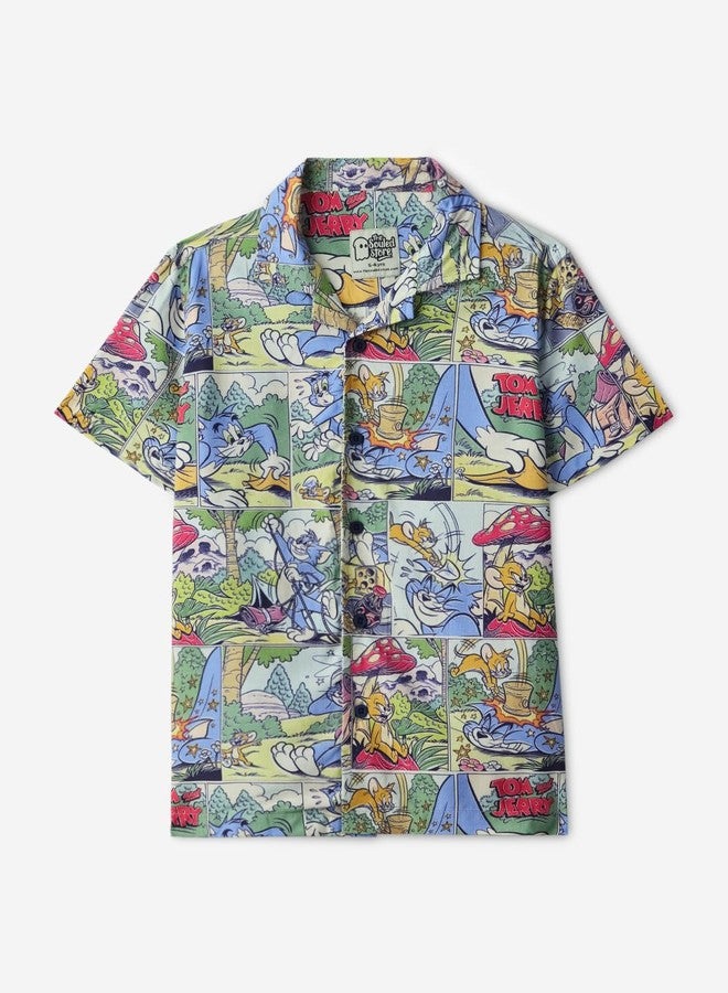 The Souled Store Tom & Jerry: Comics Boys Short Sleeves Collared Neck Button Front Multicolor All Over Printed Viscose Shirts (2-8 Yrs) - Image 2